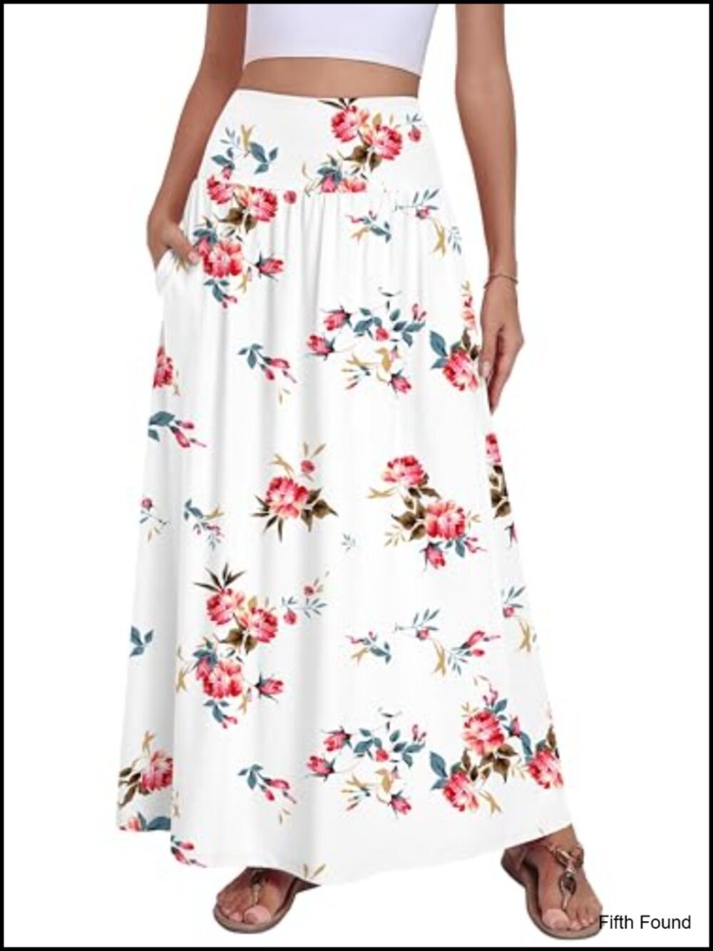 Women Maxi Long Skirt A-Line Elastic High Waist Flowy with Side Pockets